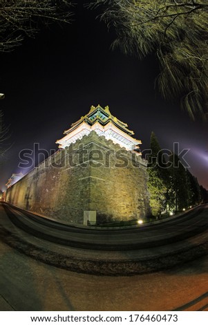 BEIJING - DECEMBER 22: Southwest turrets of the Forbidden City at night, on december 22, 2013, beijing, china.