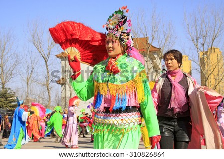 LUANNAN COUNTY - MARCH 3: traditional Chinese style yangko dance performances in the square, on march 3, 2015, Luannan County, Hebei province, China