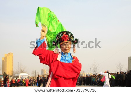 LUANNAN COUNTY - MARCH 2: traditional Chinese style yangko dance performances in the square, on march 2, 2015, Luannan County, Hebei province, China
