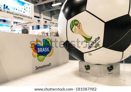BERLIN, GERMANY - MARCH 8, 2014: detail of the brazilian stand promoting the soccer World Cup 2014 in the section 1.1 at ITB Travel Trade Show in the fairgrounds of Messe Berlin.