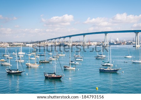 San Diego waterfront with sailing Boats - Industrial harbor and Coronado Bridge