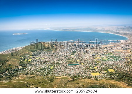 Aerial view of Cape Town skyline from lookout viewpoint - South Africa city tour - Trip excursion to panoramic view at modern seven nature wonder Table Mountain