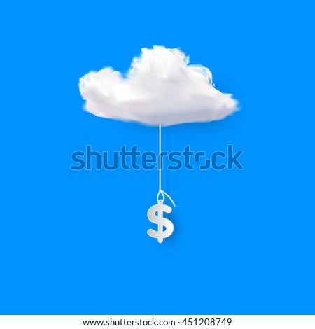 dollar sign paper  symbol hanging from white cloud on blue sky