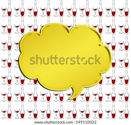 golden 3d speech bubble on bottle and wine glass pattern background