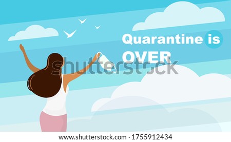 Rear view of pretty girl taking off medical mask coronavirus quarantine is ending victory over covid-19 concept liberty summer vacation- seascape background horizontal portrait  illustration