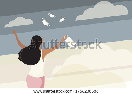 Rear view of pretty girl taking off medical mask coronavirus quarantine is ending victory over covid-19 concept liberty summer vacation- seascape background horizontal portrait  illustration