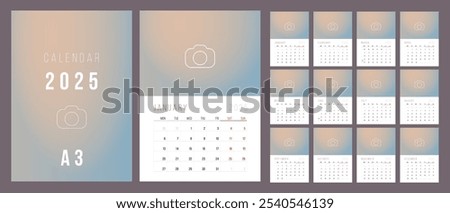 Calendar 2025. Week Starts on Monday. A3 format ready to print.  Set Desk Calendar template design with Place for Photo.  Set of 12 Months. Stationery design. Advertisement. Vector layout Pastel cover