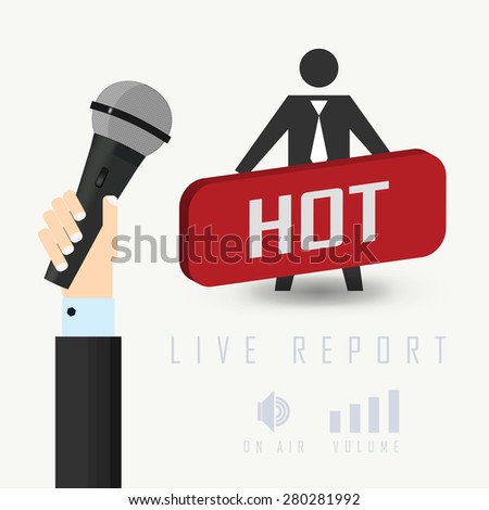 raster illustration of a live report with button live hot news and microphone
