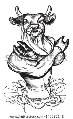 Graphic Vector Image  of a Cool black and white  Bull Mascot  with Horns showing 