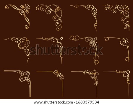 Set Of Gold Decorative Vector Corner Framers Isolated On A Dark Background.