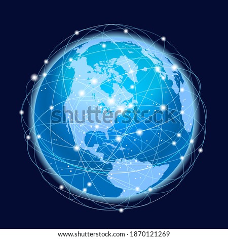 Global Network System Concept Illustration. North America Centered Map. Blue Planet Sphere Icon On A Dark Background. Vector Illustration.