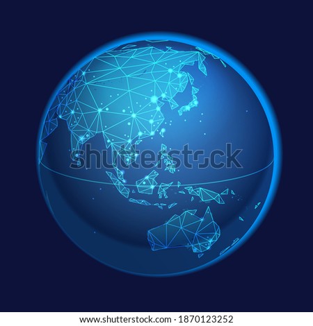 Global Network System Concept Illustration. China, Eastern Asia, Australia Centered Map. Blue Planet Sphere Icon On A Dark Background. Vector Illustration.