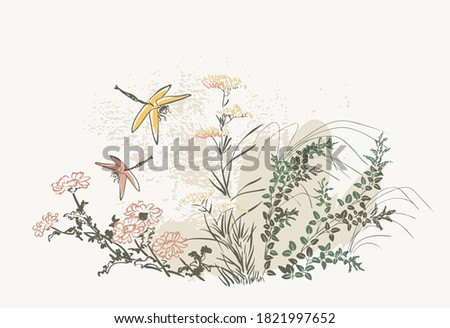 chrysanthemum nature landscape view vector sketch illustration japanese chinese oriental line art ink card