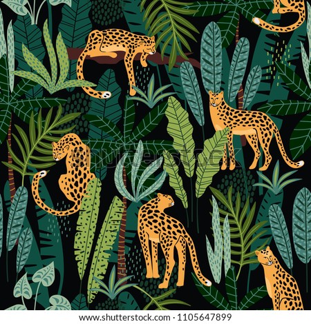 Vector seamless pattern with leopards and tropical leaves. Trendy style.