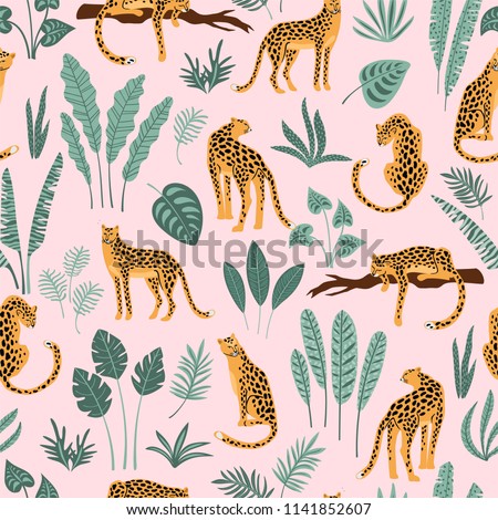 Vestor seamless pattern with leopards and tropical leaves. Trendy style.