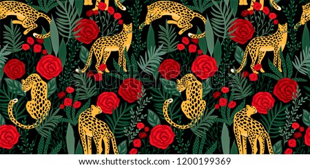 Vestor seamless pattern with leopards, tropical leaves and roses. Trendy style.