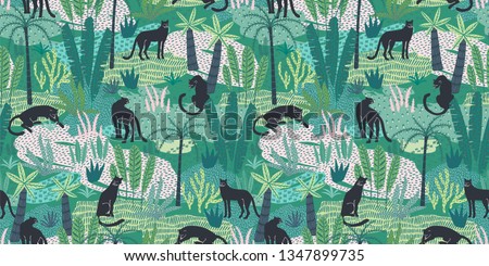 Vestor seamless pattern with panthers and tropical leaves. Trendy style.