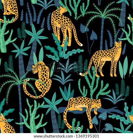 Vestor seamless pattern with leopards and tropical leaves. Trendy style.