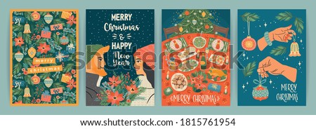 Set of Christmas and Happy New Year illustrations. Trendy retro style. Vector design templates.