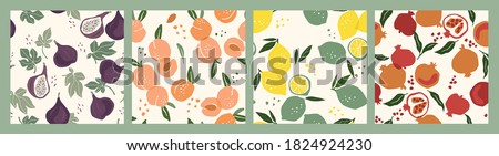 Set of vector seamless patterns with fruits. Trendy hand drawn textures. Modern abstract design for paper, cover, fabric, interior decor and other users. Foto stock © 