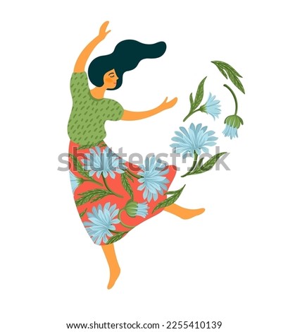 Vector isolated illustration of cute dancing woman. Happy Women s Day concept for card, poster, banner and other use