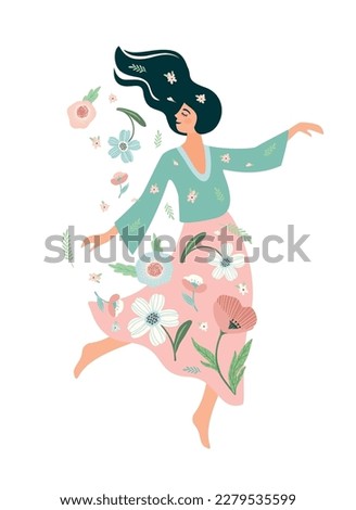 Woman dances with flowers.Self care, self love, harmony. Isolated illustration.