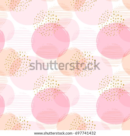 Abstract geometric seamless pattern with circles and gold glitter elements. Modern abstract design for paper, cover, fabric, interior decor and other users. Ideal for baby girl design.