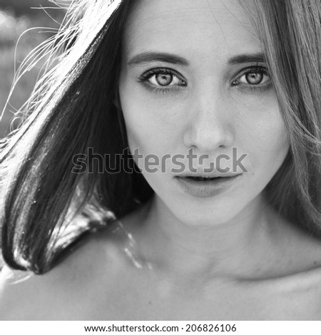 black and white portrait of beautiful girl model with natural make-up