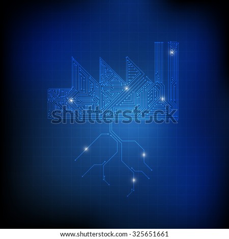 Vector : Electronic circuit in factory and ground on blue technology background