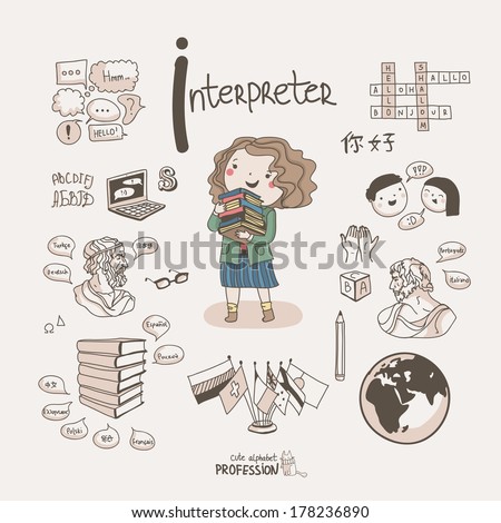 Cute vector alphabet Profession. Letter I - Interpreter 