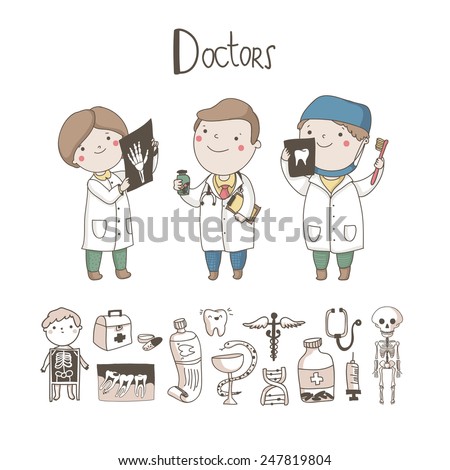 Cute Doctor, X-ray inspector, Dentist and medical equipment and symbols around them isolated on white background. Medicine vector set.