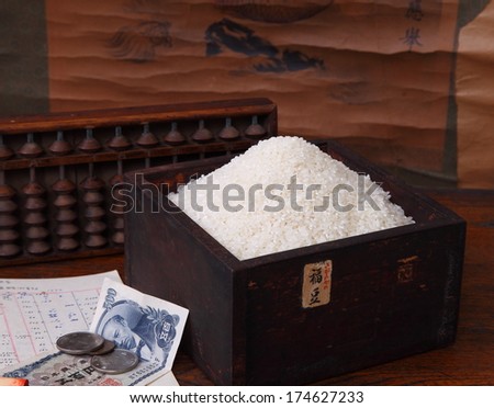 Japanese antique desk, abacus, measuring box and scroll/Old Japan/Antique Japanese objects arranged with an old business ledger, bone seal, old currency and freshly harvested rice.