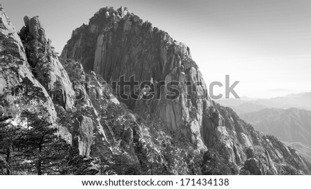 Chinese mountains in Mount Huangshan black and white background