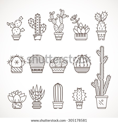  Set vector geometric cacti  in trendy mono line style - art deco.It can be used as a stamp, postcard or print