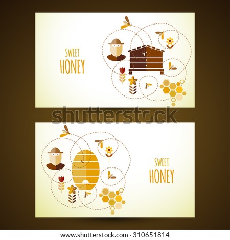 Background design with honey and bee objects.Vector business cards with honey 