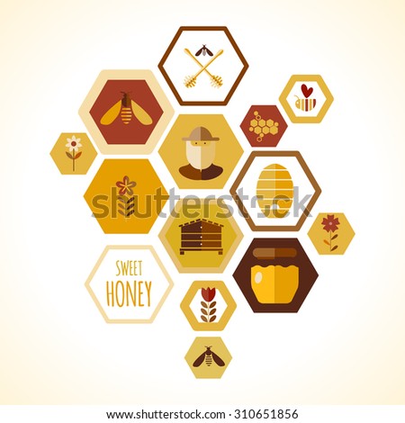 Background design with honey and bee objects.