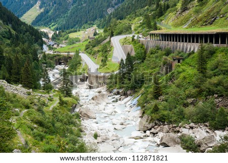 GÃ?Â¶schenen valley in Swiss Alps, Gotthardstrasse, close to Suvorov Monument, Cross, Switzerland