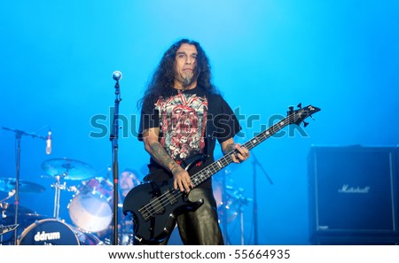 MILOVICE, CZECH REPUBLIC - JULY 19: Bassist and singer of american death metal group Slayer Tom Araya on Sonisphere festival on July 19, 2009 in Milovice, Czech republic.