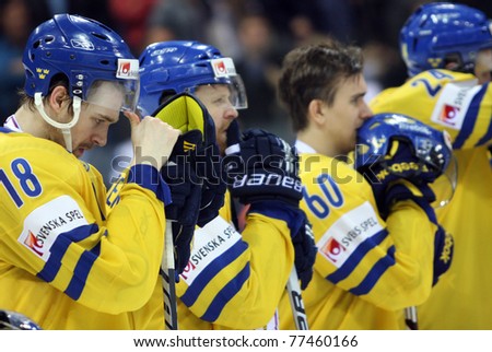 BRATISLAVA, SLOVAKIA, MAY 15: Swedish ice hockey players  lost the gold medal game of World Cup with Finnish team 6-1 on May 15, 2011 in Bratislava, Slovakia.