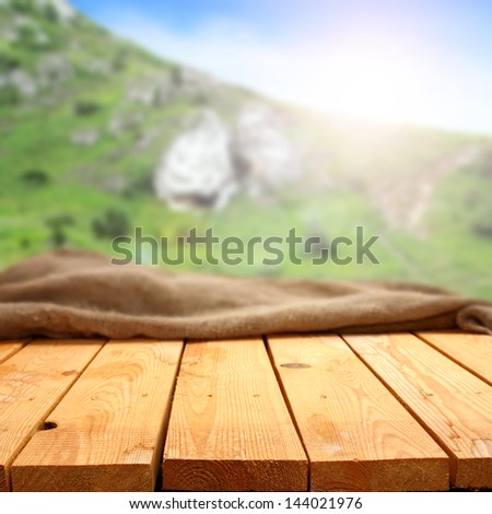 table and blue sky and mountains