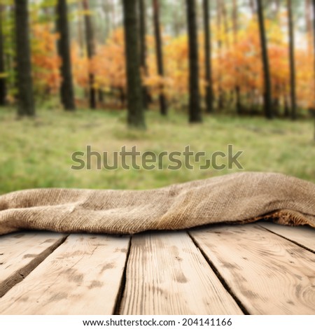 forest of autumn and desk with sack with free space
