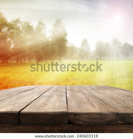 garden spring background with worn old wooden table space