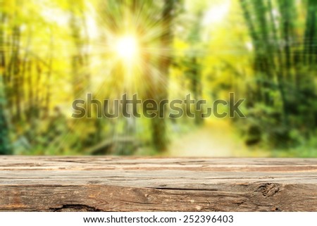 green spring forest background of sun light and brown old desk