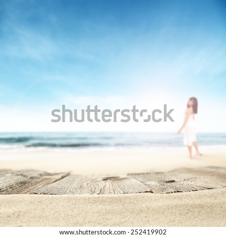 tropical beach background and floor of wood and sand