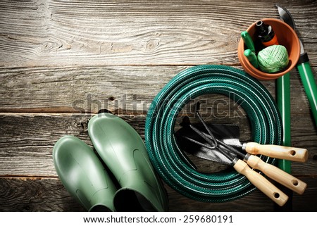 shabby wooden terrace floor and tools