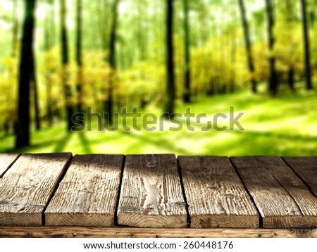 brown table of rustic wood and table of free space in forest