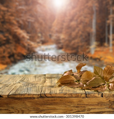 blurred background of autumn forest with river and board of retro wood and few dirty leaves