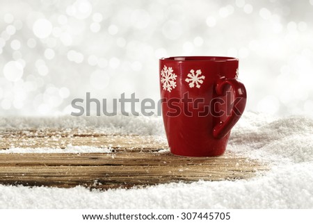 white snow red mug and decoration of snow space