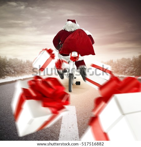 Similar – Image, Stock Photo Santa Claus riding bicycle along mountain road