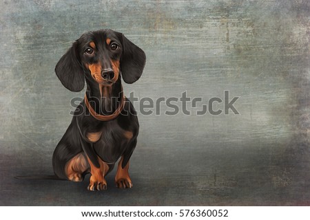 Drawing, raster illustration funny dog breed  dachshund, portrait oil painting on old vintage color grunge paper background. Hand drawn home pet. Digital painting.
